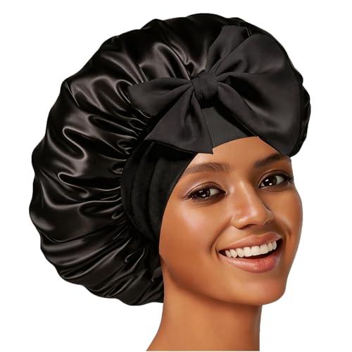 Confvrter Silk Bonnet Satin Bonnet for Sleeping Large Bonnets with Tie Band Hair Wrap with Adjustable Straps Hair Cap for Women Curly Black