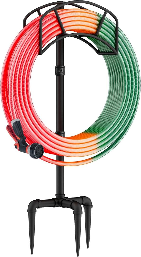 LANDVOI Hose Holder, Garden Hose Holder Freestanding, Metal Heavy Duty Water Hose Holder Holds 150 Feet Hose, Detachable Hose Storage Hanger for Outside with 3 Spikes, for Lawn Yard, Black GHH01BK01