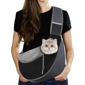 Pawaboo Pet Dog Sling Carrier, Hand Free Drawstring Dog Papoose with Adjustable Strap, Breathable Mesh Bag for Puppy Cat, Crossbody Satchel Dog Purse with Pocket for Outdoor, Dark Gray+Black, Small