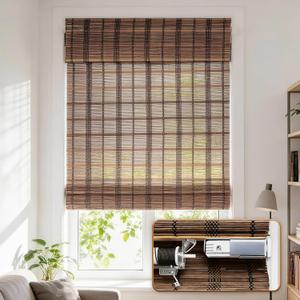 No Drill Cordless Bamboo Roman Shades, Walnut, 28x64