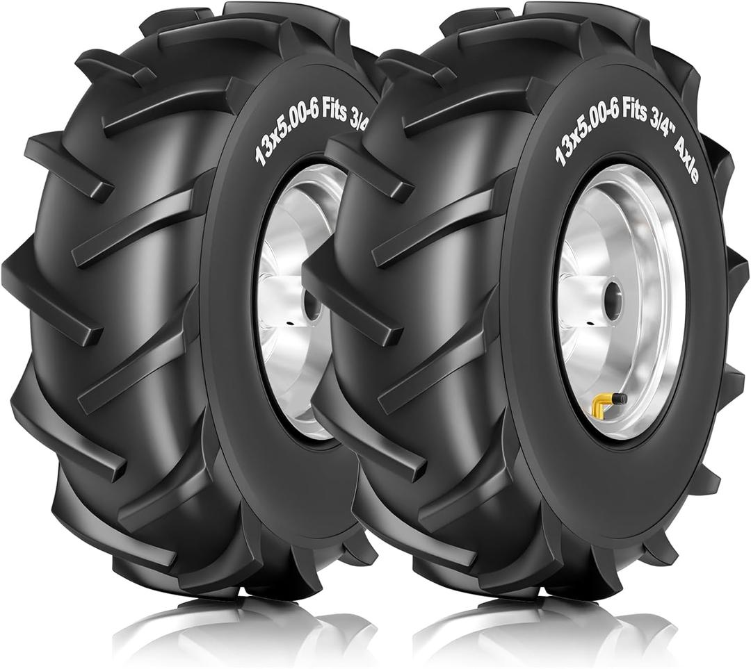 RONPOW 13x5.00-6 Rear Tine Tiller Tire and Wheel, 3/4" Axle Bore, 500Lbs Load, Easy to Install, 4 Ply Durable Pneumatic Replacement Rototiller Assembly for Garden Tiller & Farm Equipment, 2Pack Silver