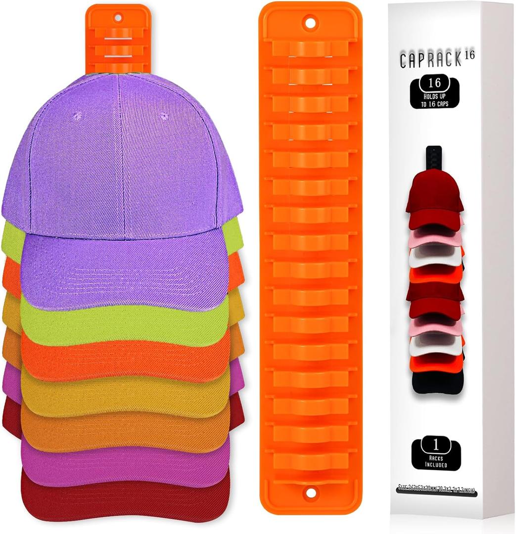 NAZZO Adhesive Hat Hooks for Wall, Hat Rack for Baseball Caps, Minimalist Hat Organizer Display, 1Pack Holds Up to 16 Caps, Hat Hangers Holder for Wall, Door, Closet, No Drilling, Orange