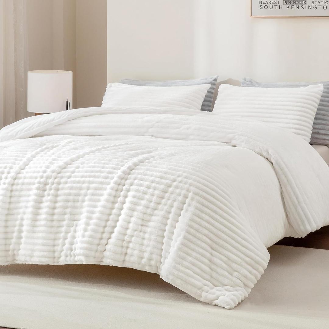 Andency Comforter Full Size Set, White Fluffy Comforter Full Size 3 Pieces, Super Soft Warm Fleece Faux Fur Bedding Set, Luxury Fuzzy Heavy Bed Set for Winter