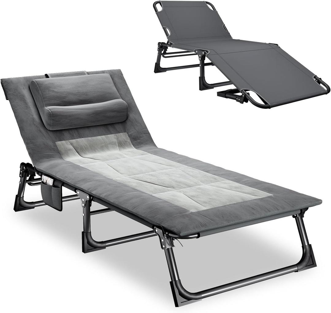 Mopaicot Folding Camping Cot for Adults, Adjustable 4-Position Reclining Chair with Mattress and Pillow, Lounge Chair Camp Cots Bed for Sleeping, Travel, Garden, Pool, or Office Nap (Gray)
