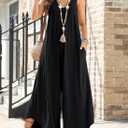 Happy Sailed Women's Jumpsuits Loose Overalls Summer Sleeveless Ruched V Neck Flared Wide Leg Pants Rompers with Pockets (Black, L)