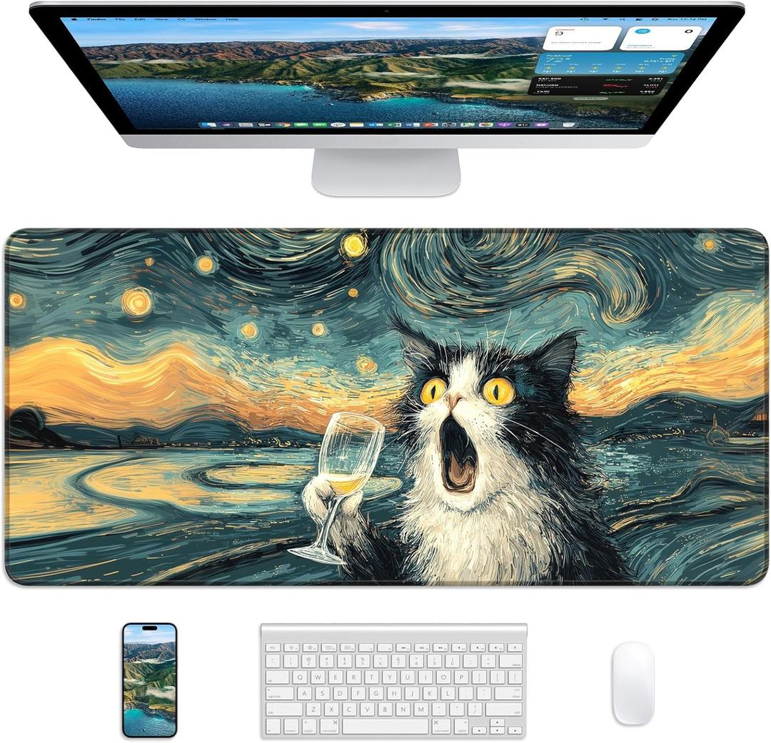 XL Gaming Mouse Pad, 31.5x15.7'' Large Desk Mat with Anti-Slip Rubber Base & Stitched Edges for Gaming, Office, Home, Shocked Cat