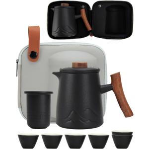 Travel Tea Set for Adults Ceramic Tea Set with 1 Tea Pot 6 Tea Cups Set of 6 Tea Mug with Infuser and Lid 14.54 OZ Large Cup Strainer with Bag Holder for Loose Leaf Tea Gift for Tea Lovers (Black)