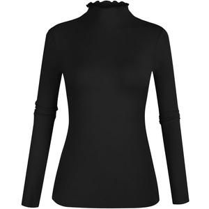 POPZONE Women's Lettuce Trim Mock Neck Long Sleeve Slim Fit Ribbed Knit Tee Shirt Tops (Medium, 00-black)