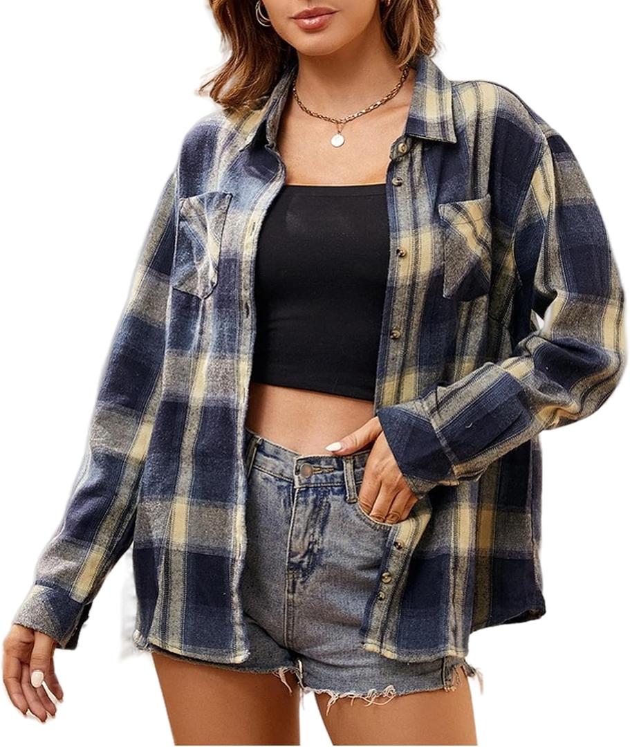 Alex Vando Womens Button Down Long Sleeve Flannel Shirt,Navy/Yellow, XL