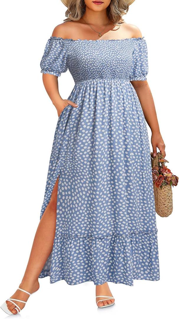 Plus Size Summer Dresses Sun - Maxi Boho Casual Off Shoulder Floral Lace Long Dress with Pockets 2XL