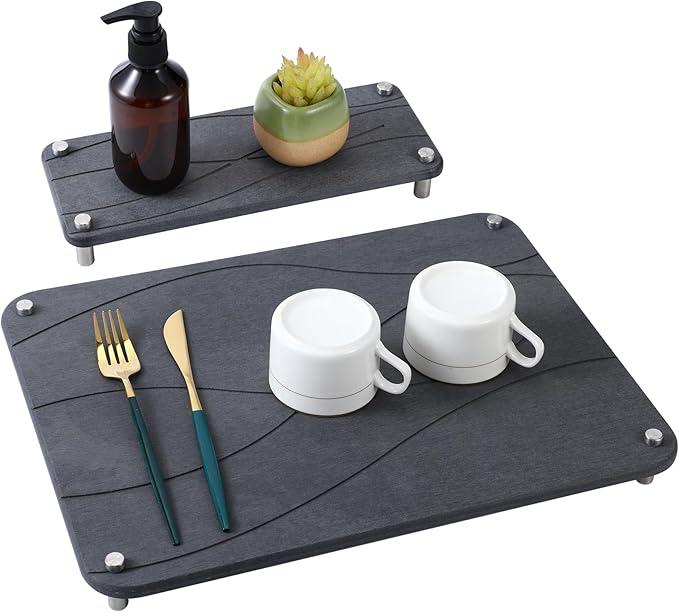 Patelai 2 Pack Stone Dish Drying Mat for Kitchen Counter, 15.7x11.8 Inches Quick Dry Diatomaceous Dish Drying Mats, Water Absorbing Sink Stone Tray, Gray