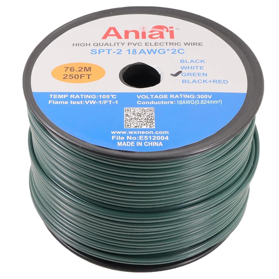SPT-2 18/2 Low Voltage Landscape Wire 250FT - 18 Gauge 2 Conductor Stranded Copper Cable for Outdoor Lighting, Direct Burial Waterproof Electrical Wire, Green