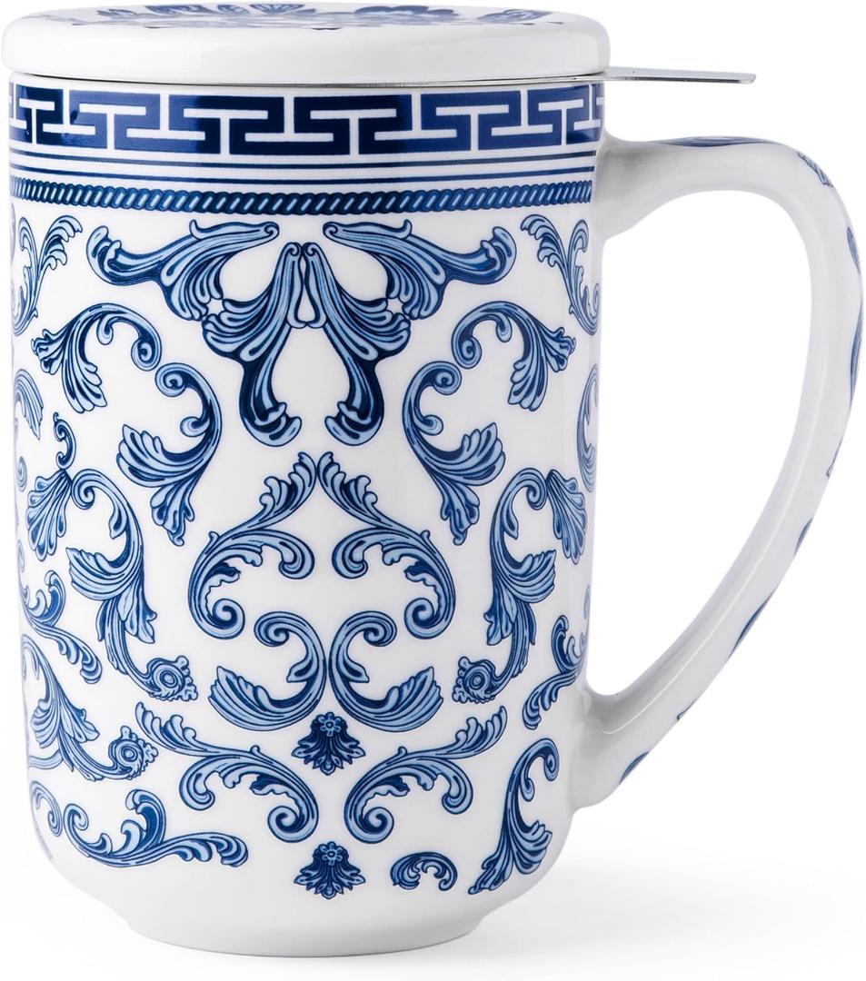 AmorArc Porcelain Tea Mug with Infuser and Lids, 18 Oz Large Cup Strainer with Bag Holder for Loose Leaf Tea, Steeping Coffee Mug for House-Warming Wedding Birthday Gift (Classical Pattern)