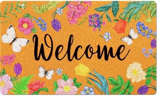 Mindsoft Spring Doormat Floral Butterfly Doormat Welcome Rug Door Mat Front Door Rug for Home Indoor Holiday Decoration 18 x 30 Inch
