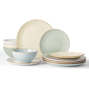 Famiware Jupiter 12-Piece Stoneware Dinnerware Set for 4, Handcrafted Plates and Bowls with Speckles & Embossed Swirls, Chip/Scratch Resistant, Microwave/Dishwasher Safe, Modern Dishes, Multi-color