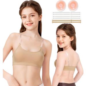 WYHDY Seamless Dance Bra for Teen Girls, Nude Training Bra with 2 Pairs of Clear Straps, Removable Silicone Pads,Sports (Beige) M