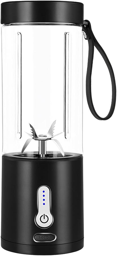 Portable Blender - USB Rechargeable Portable Juicer Blender Small Personal Blender for Shakes and Smoothies, 12 oz Water Bottle Blender with 6 -leaf Blades On the Go Blender for Travel (Black)