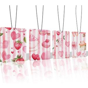 Pink Sweetheart Car Air Freshener 4 Pcs, Cute Watercolor Strawberry Heart Macaron Hanging Air Freshener for Cars Closet Drawer Books, Pink Girly Car Accessories Mirror Decor for Women