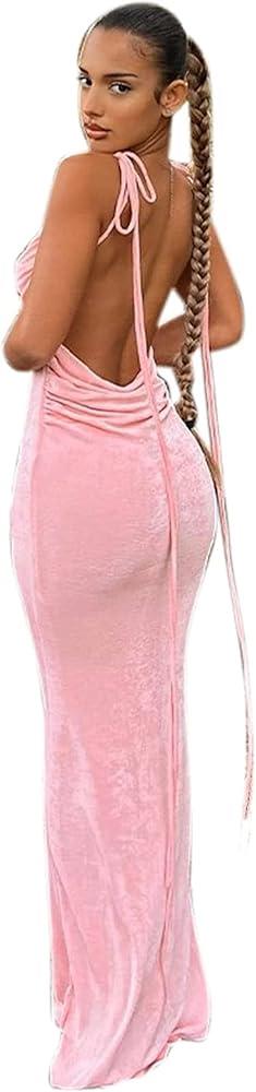JUMISEE Women Sexy Backless Draped Maxi Dress Elegant Sleeveless Spaghetti Strap Evening Dress Long Club Party Beach Dress (Pink, Large)