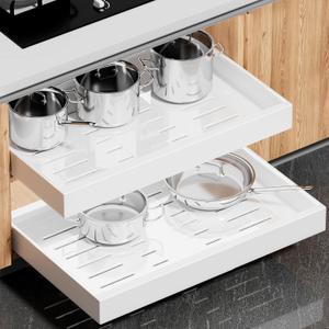 2 Pack Pull Out Cabinet Organizers, Expandable Slide Out Drawers for Cabinets Fixed with Adhesive Nano Film, Heavy Duty Roll Out Shelves for Kitchen Base Cabinet Organization, Pantry, Bathroom, White