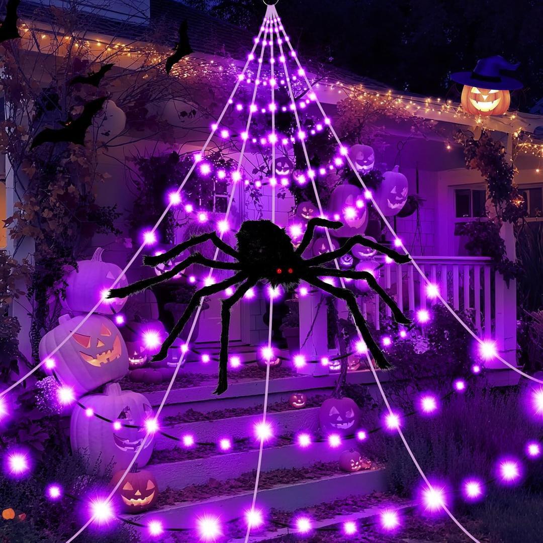 Halloween Spider Webs Decorations Outdoor Lights, 19.7*14.8FT Giant Spider Web with 250LED Purple Lights, Halloween Light up Triangular Black Spider Web with 8 Modes&Spider for Yard Home Parties Decor
