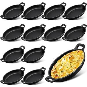 Mifoci 10 Pcs Oval Serving Dish Mini Cast Iron Skillet Cast Iron Baking Pan Sizzling Plate Matte Black Gratin Cookware for Home Restaurant Kitchen Food Service Barbecue (8.7 x 4.7 Inch)