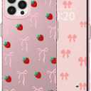 for iPhone 13 Pro Case Cute Ribbon Bow Strawberry Aesthetic Pattern Case for Women Girls, Girly Trendy Glossy Slim Shockproof Protective Bumper Cover, Strawberry Ribbon/Pink