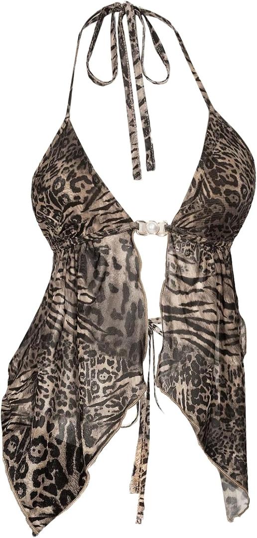 BEAUDRM Women's Y2K Cheetah Halter Top Sleeveless Leopard Cut Out Backless Sexy Going Out Summer Cami Tops (Medium, Light Brown)
