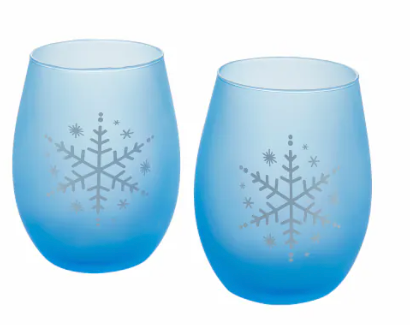 Tabletops Gallery 2 Piece Snowflake Stemless Wine Glass Set - Blue