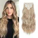 Clip in Hair Extensions, 6 PCS Natural & Soft Hair & Blends Well Hair Extensions, Synthetic Long Wavy Hairpieces(24inch, 6pcs,Honey Blonde with Platinum Highlights)