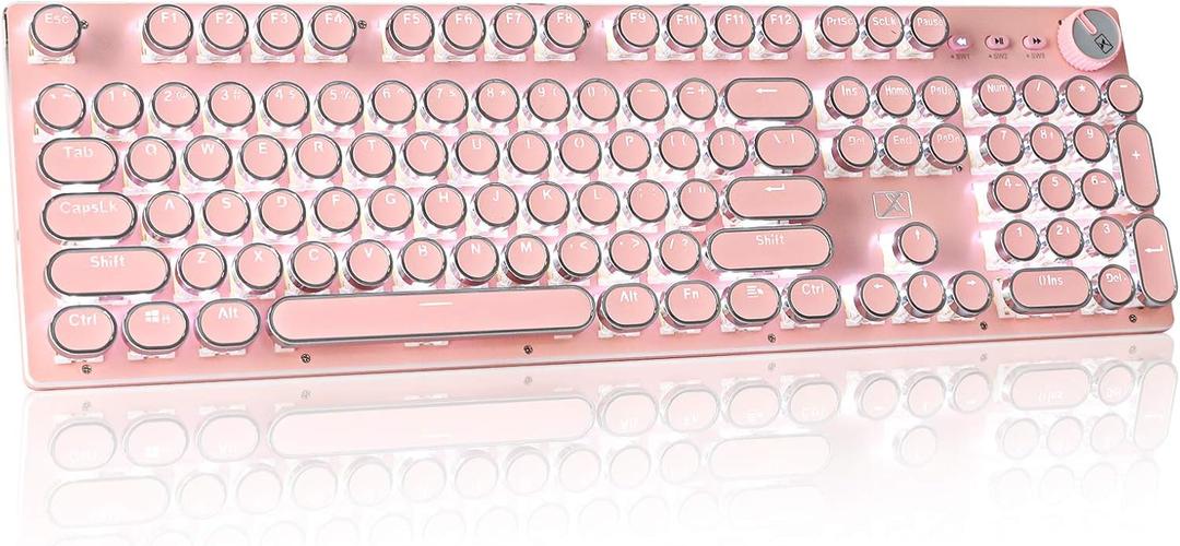 Retro Steampunk Typewriter-Style Gaming Keyboard, Blue Switches,Pure White Backlight, USB Wired, for PC Laptop Desktop, Stylish Pink Mechanical Keyboard Round Keycaps