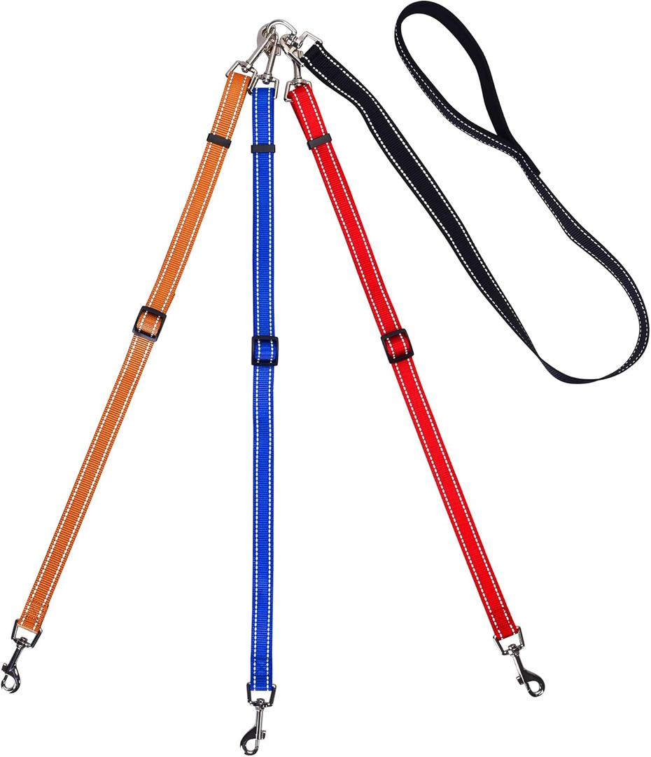 3 Way Dog Leash Reflective Adjustable Coupler No Tangle Detachable 3 in 1 Multiple Dog Leash with Soft Padded Handle for 1 2 3 Dog Pet Cat Puppy Walking Training (3 Way Multi-Color) 21"L x 0.78"W