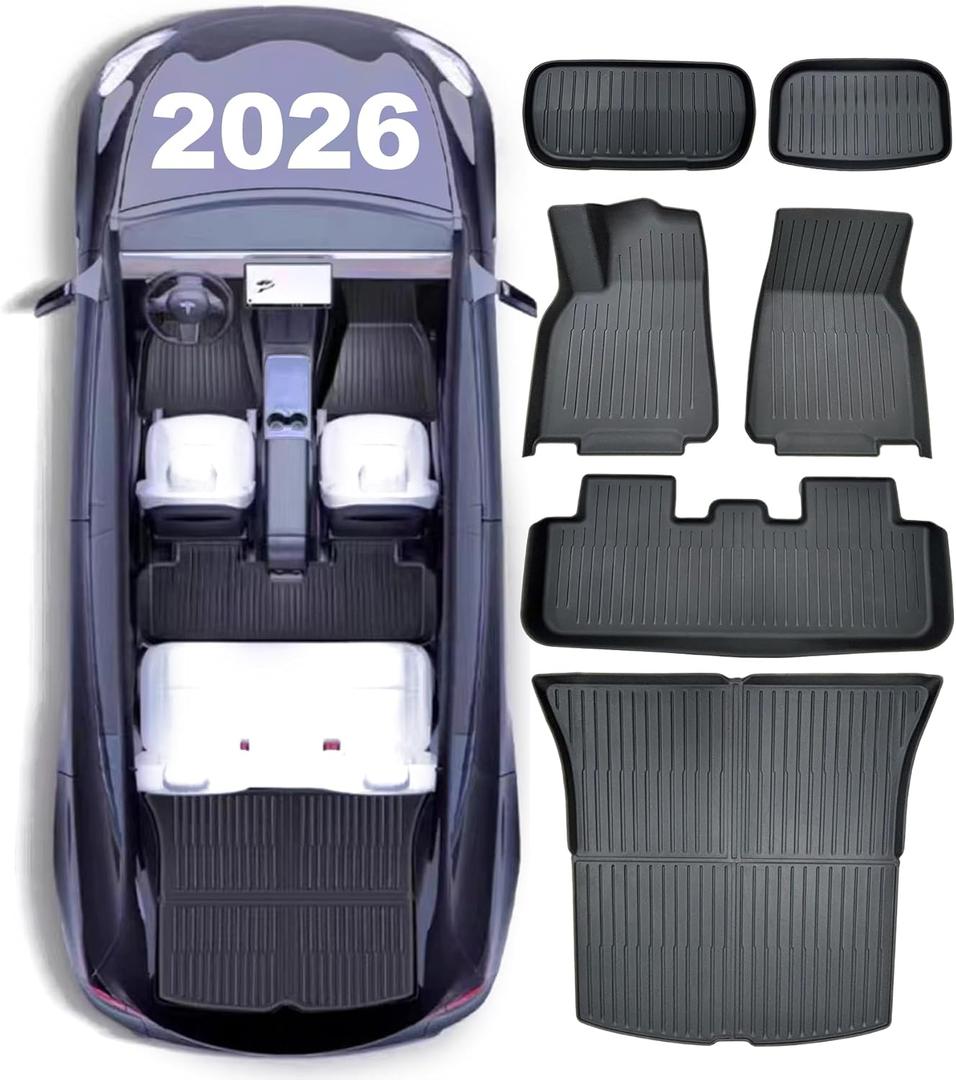Full Set Floor Mats for Tesla Model Y 2025 2026 Juniper(Rear with Screen) All Weather Floor Mats(5-seat), Tesla Y Frunk Trunk Mat Rear Cargo Liner,Tesla Model Y Accessories 2025 2026(6 PCS)
