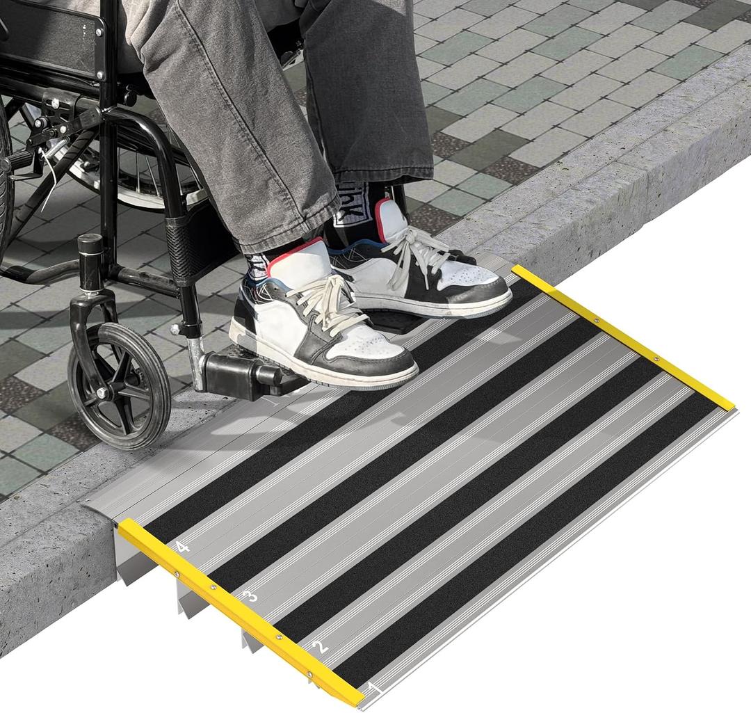 4" Rise Door Threshold Ramps for Doorways, Stable Yellow Edge, Aluminum Wheelchair Ramp for Home Steps, Adjustable Modular Entry Ramp for Scooters, Power Chairs, 880LBS Load Capacity