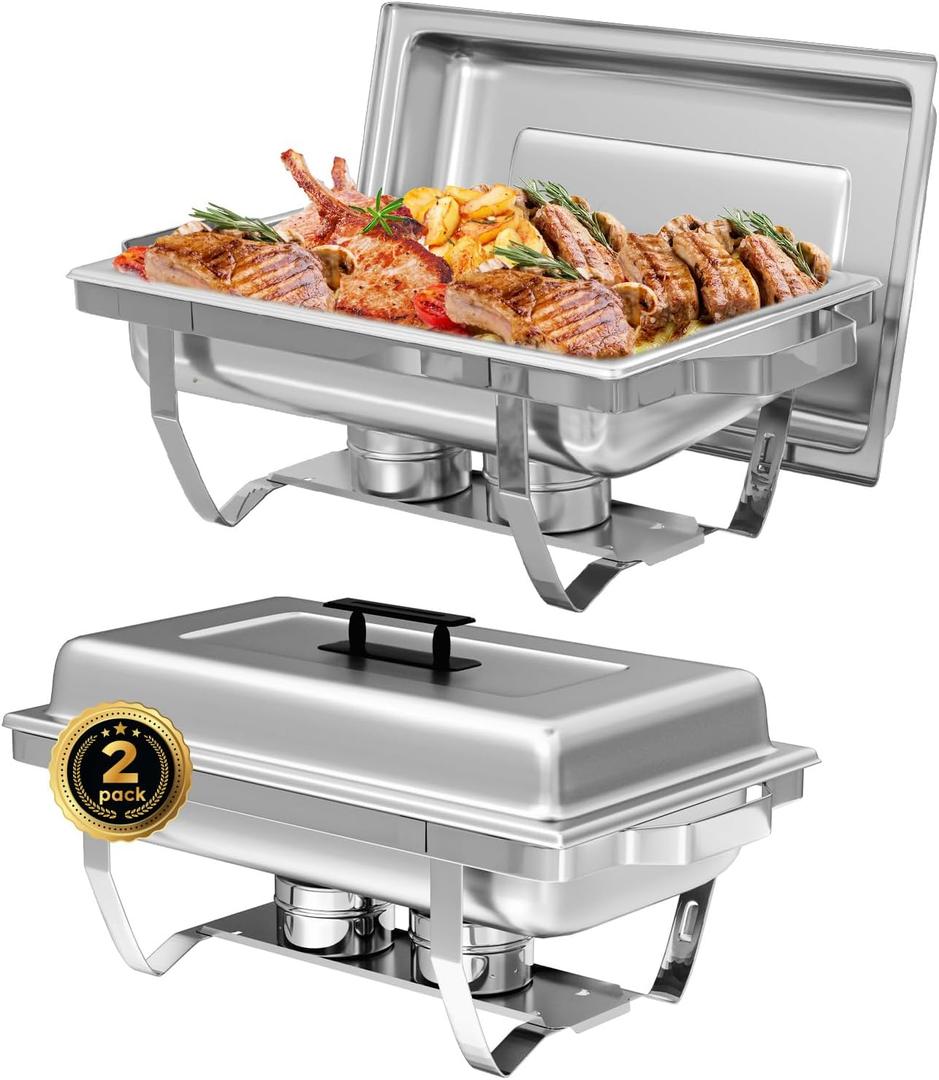 IMACONE Chafing Dish Buffet Set of 2, 8QT Stainless Steel Rectangular Chafers and Buffet Warmer Sets for Catering, with Food & Water Pan, Lid, Foldable Frame, Fuel Holder for Event Party Holiday