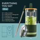 Pandaloo Glass Cups With Lids and Straws -20 Fl Oz- Perfect Size Iced Coffee Cup - Smoothie Cup With Bamboo Lid and On the go Lid - Glass Tumbler With Straw (1 Count (Pack of 1), Mediterranean Olive)