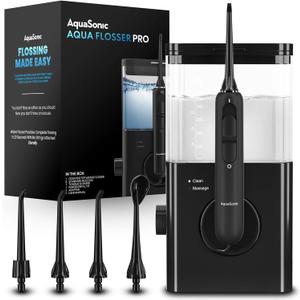 AquaSonic Aqua Flosser PRO | Professional Water Flosser with Large Capacity Reservoir | Oral Irrigator w/ 2 Modes, 10 levels of Water Pressure, 4 Included Tips | Sleek & Compact | Dentist Recommended (Black)