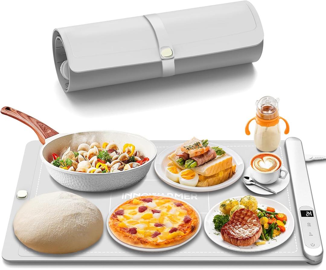 Food Warming Mat - Ugrade Graphene Full Surface Heating, 500W Fast Heating, Adjustable Temperature, Food Grade Silicone, Food Warmer for Gatherings, Parties, Travel, Daily Use (Grey)