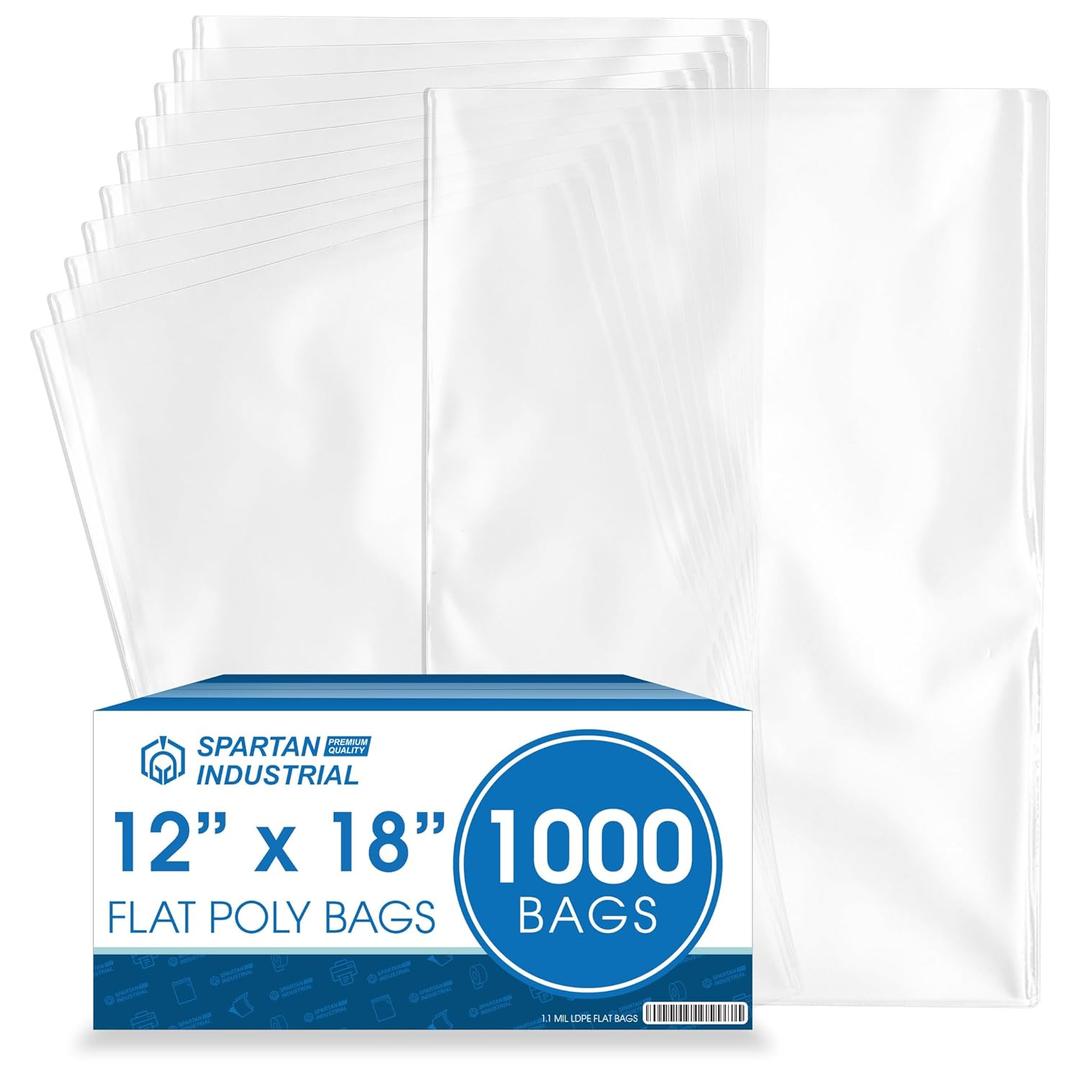 Spartan Industrial - 12 X 18 (1000 Count) 1.1 Mil Flat Open End Clear Plastic Poly Bags - for Proofing Bread Dough, Packaging Clothes, Shirts (Thin & Lightweight - Bags DO NOT Have Seal)