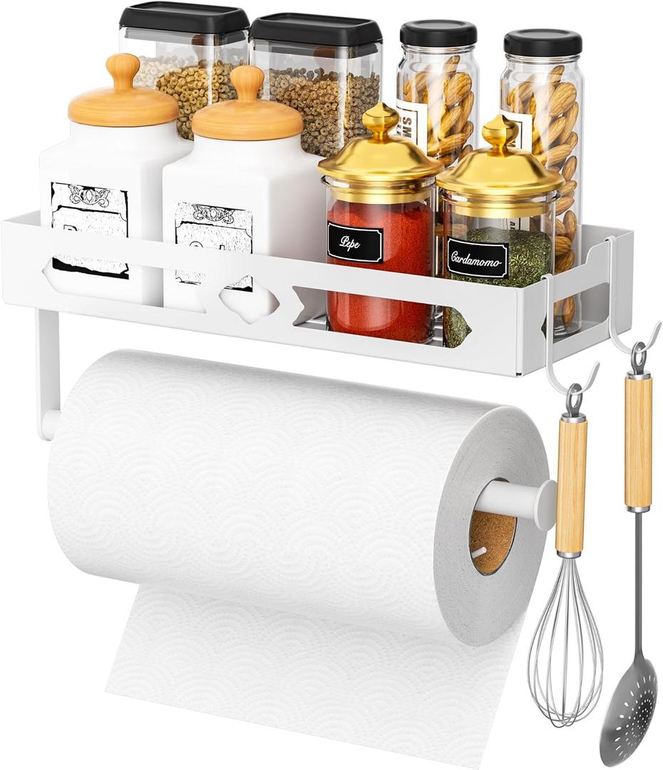 Paper Towel Holder with Shelf, One Hand Tear, Paper Towel Holder Wall Mount with 2 Detachable Hooks for Kitchen, Bathroom, White