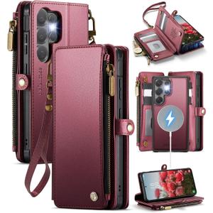 Defencase for Samsung Galaxy S26 Ultra Magnetic Wallet Case Compatible with Magsafe with RFID Blocking Zipper & Card Holder Women, PU Leather Detachable Phone Case for Galaxy S26 Ultra 6.9", Wine Red
