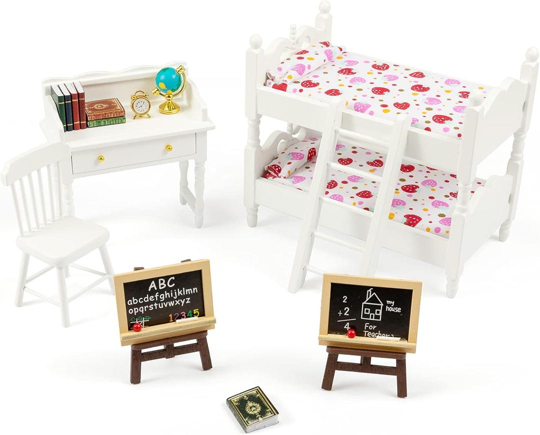 SAMCAMI Miniature Dollhouse Furniture 1 12 Scale - Wooden Dollhouse Bed Set - Doll House Furniture Toys Incl Doll Bed, Desk, Books, blackboards and Other Dollhouse Accessories