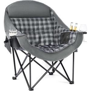 Oversized Camping Chairs for Adults - Heavy Duty Padded Outdoor Folding Lawn XL Camp Chair with Cup Holder Cooler Pockets for Outside Sports Beach Fishing Garden Portable Supports 500lbs, Grey