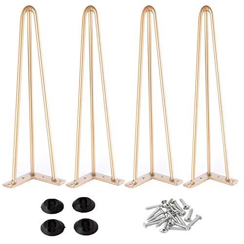 Osring 28 Inch Hairpin Table Legs with 1/2" Dia 3-Rods, Heavy Duty Metal Hairpin Furniture Leg for Coffee Table and Patio Bench, Gold Furniture Feet with Floor Protectors for Home DIY Project, 4