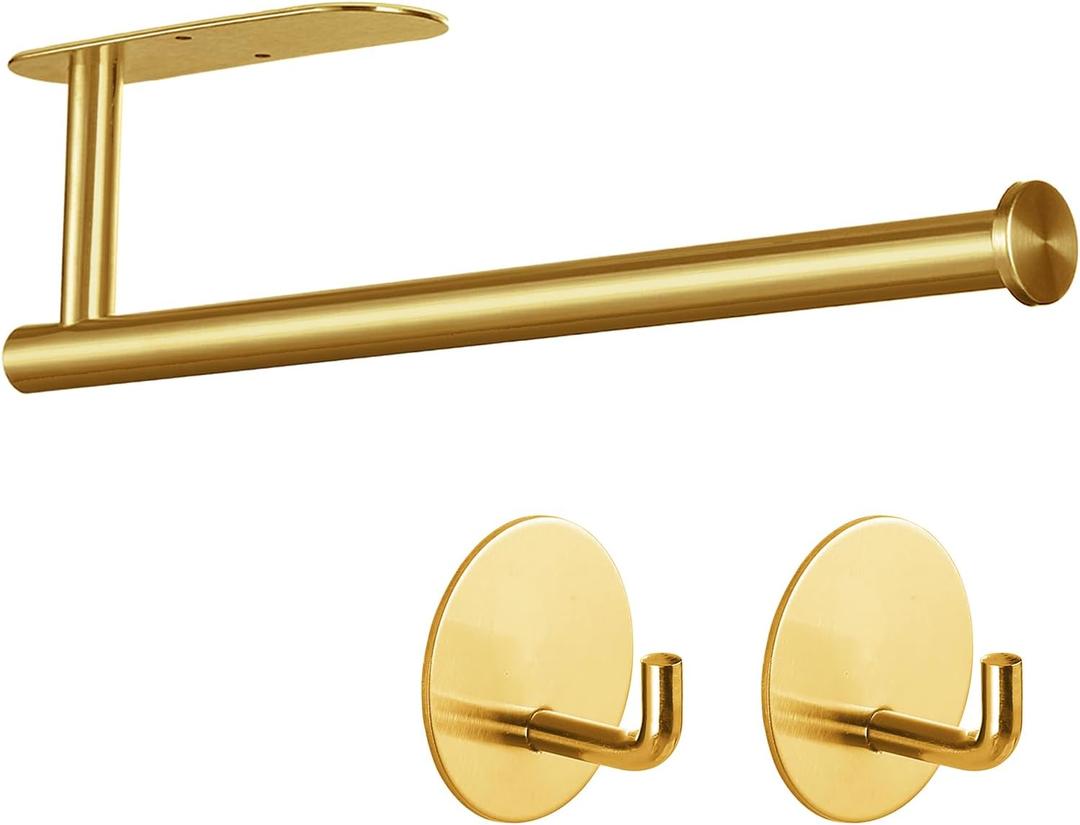 Paper Towel Holder with 2 Hooks-Under Cabinet Paper Towel Holder for Kitchen, Self-Adhesive or Screws, Space Saving Wall Mounted Kitchen Roll Holder, Bathroom, Stainless Steel Brushed Gold