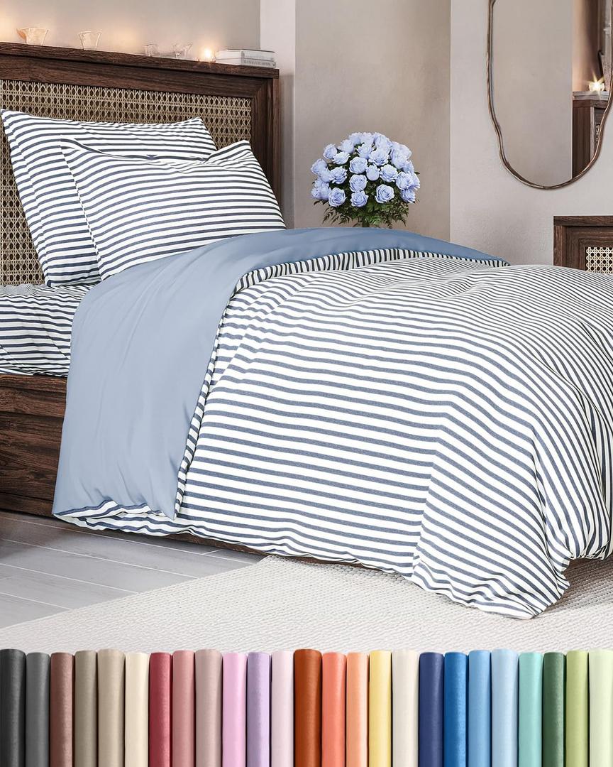 Duvet Cover Twin/Twin XL Size - Extra Soft Twin/Twin XL Size Duvet Cover - Lightweight, Breathable & Cozy w/ Zipper Closures and Ties - 68" x 90" Inches - (Blue Stripes 2) Comforter Not Included