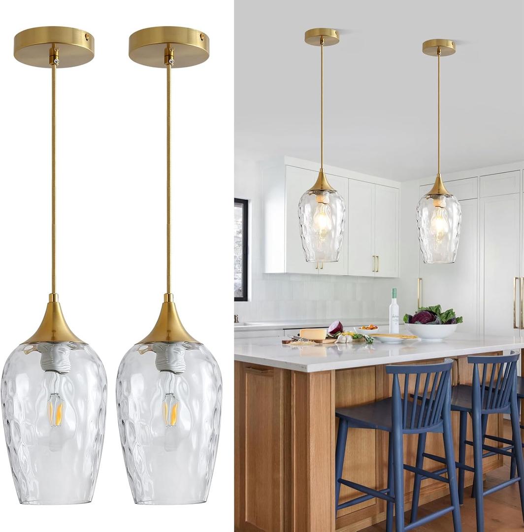 Glass Pendant Lights Kitchen Island 2 Pack, Gold Pendant Light Fixtures with Hand-Blown Clear Glass Modem Farmhouse Hanging Light for Kitchen Sink Dining Room Bedroom