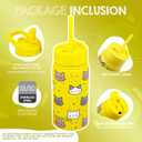 14 OZ Kids Water Bottle with Straw & 2 Lids (Flip & Spout) Leak Proof Metal Insulated Stainless Steel Reusable Tumbler for School & Sports Water Bottle - Yellow (Cat)