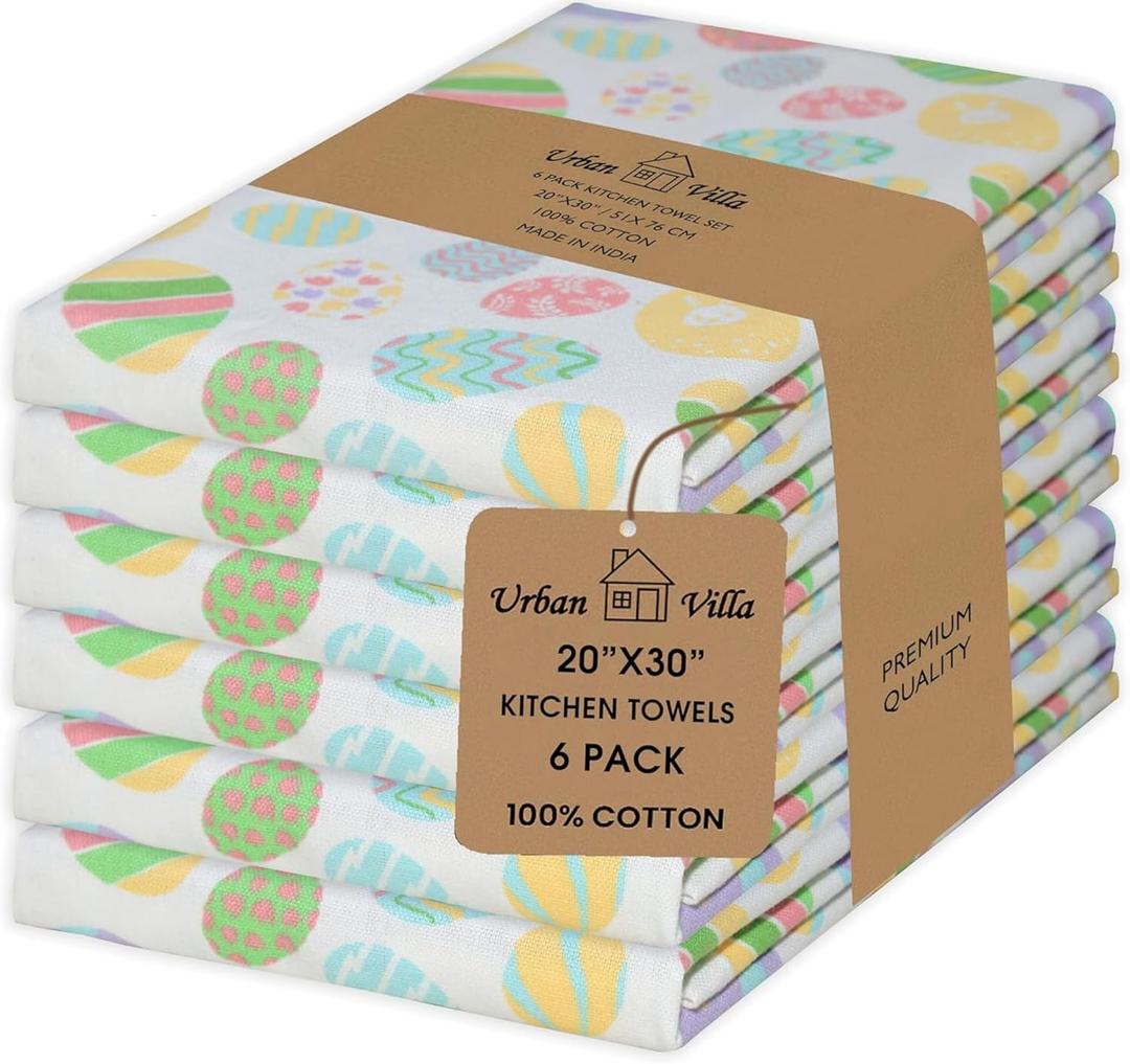 Urban Villa Kitchen Towels Set of 6 Dish Towels for Kitchen 100% Cotton Easter Print Kitchen Towels Mitered Corners Oversized 20X30 Inches Kitchen Towels Highly Absorbent Kitchen Hand Tea Towels (017 Egg Print)