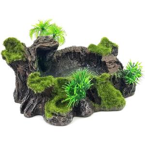 Plastic Reptile Tank Decor - Resin Platform, Artificial Tree Trunk Design with Water Dish for Lizard, Gecko, Frog